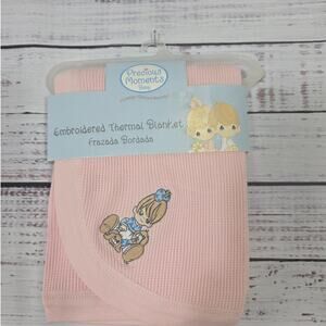VTG Precious Moments Baby Blanket Thermal Waffle Weave Embroidered pink NEW
